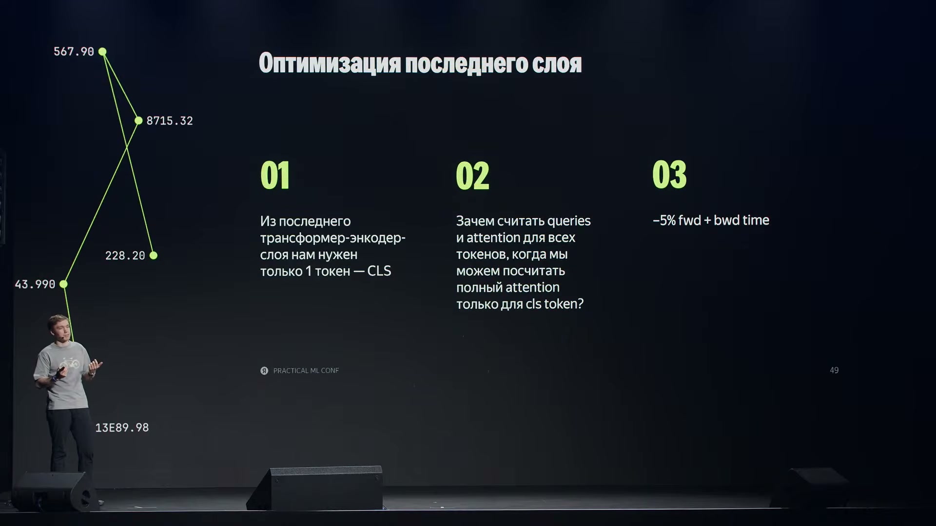 Из последнего слоя нужен только CLS. Расчёт запросов и внимания лишь для этой позиции уменьшил время fwd + bwd на 5%, сохранив доступ к информации остальных токенов.